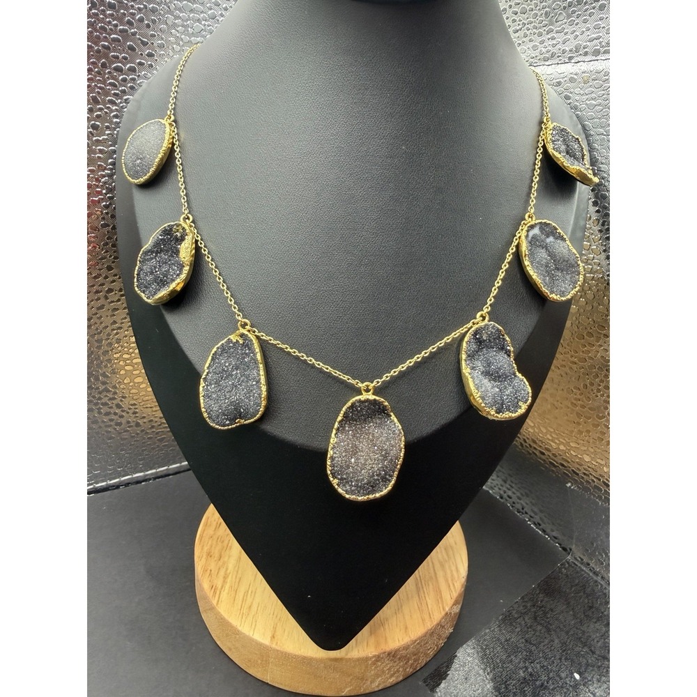 EUC 18" Gold Sterling Silver Black Quartz Druzy Necklace 29 Grams J28
